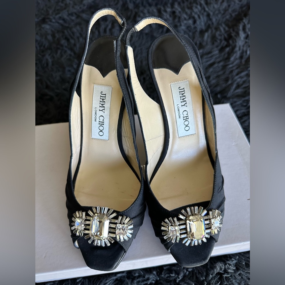 Jimmy Choo bejeweled black satin pumps